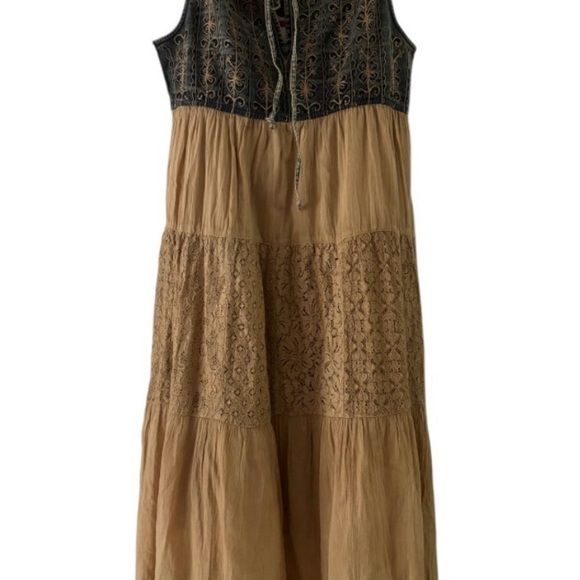 Bohemian Western Blue and Caramel Midi Dress Embroidered Denim Lace Sz Large NWT - Picture 2 of 7